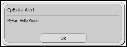 Alert box displaying: MyVar: Hello World!