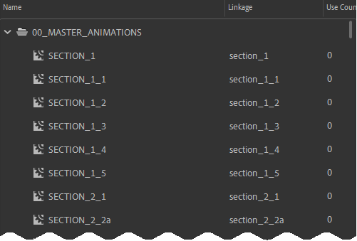 Screenshot of Adobe Animate library with multiple animations, all of whose linkage name starts with 'section'