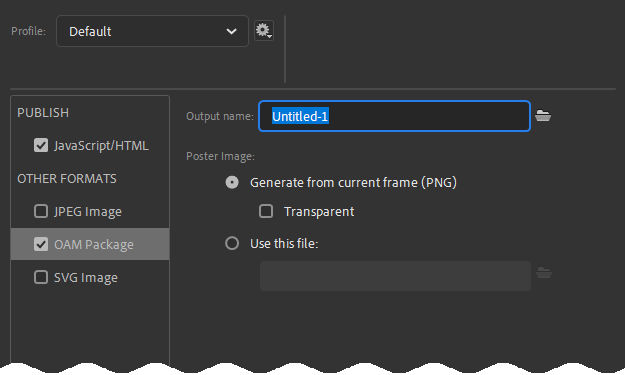 Adobe Animate OAM publish settings